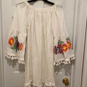 Velzera Cream Ruffled embroidered shirt dress
